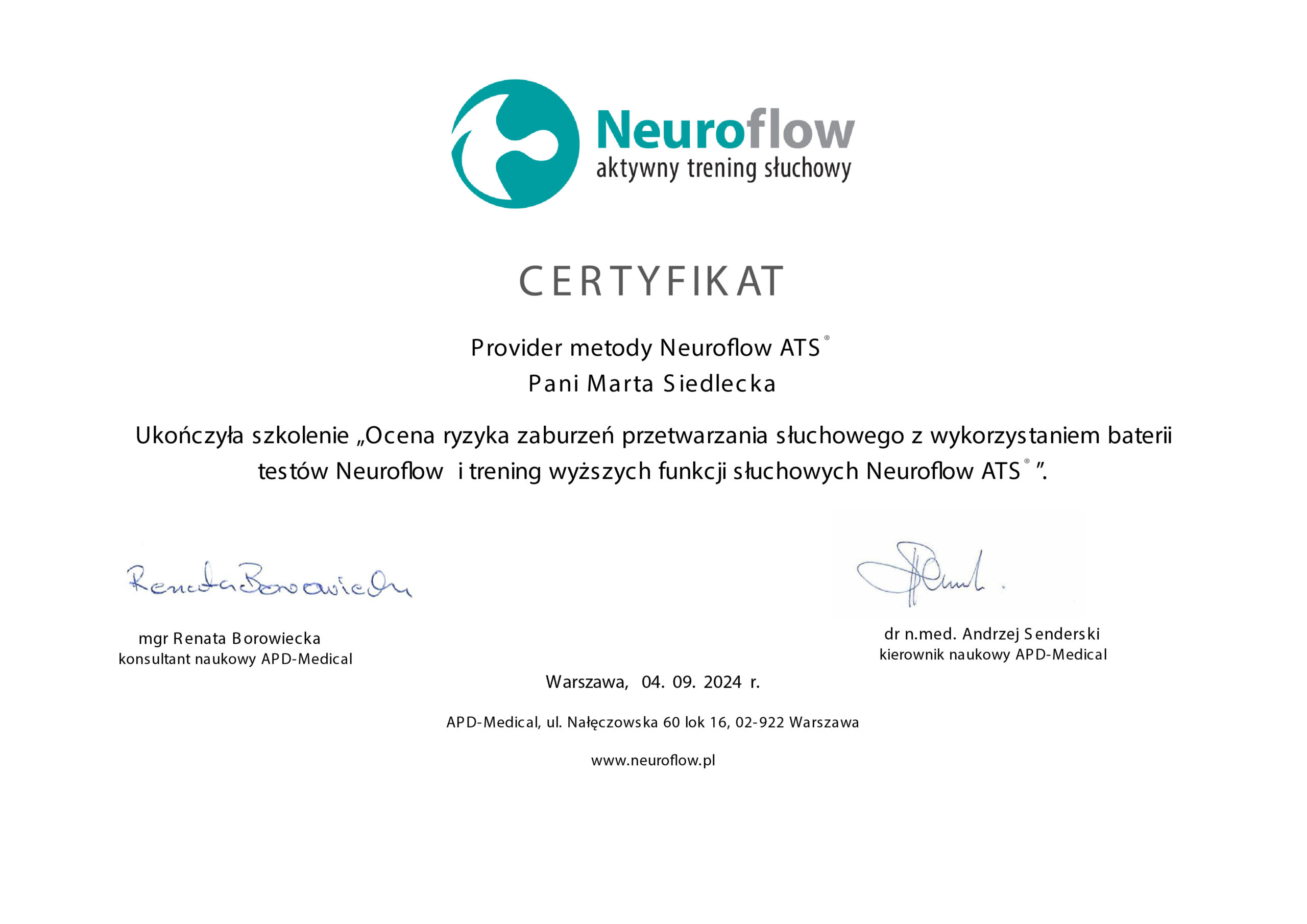 Marta Siedlecka certyfikat neuroflow